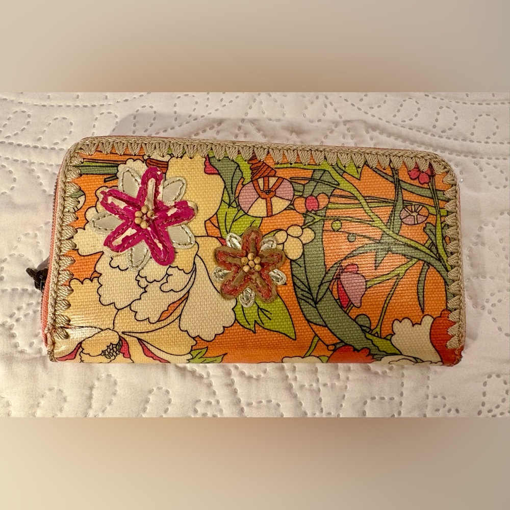 Sakroots Floral Wallet in Pink, Orange, and Cream